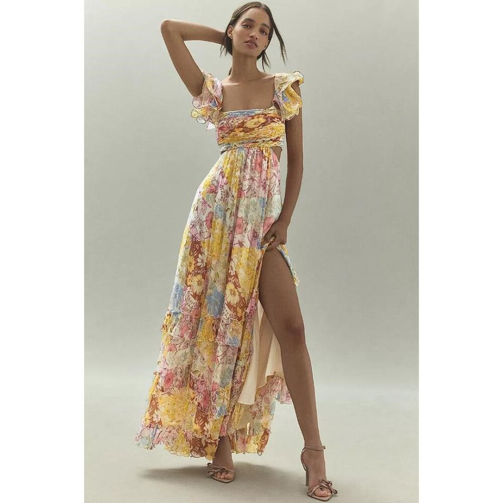 BHLDN Women's Alivia Chiffon Cutout Printed Midi Dress Size S